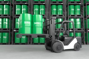 A forklift is lifting oil barrels made in Saudi Arabia in a warehouse. 3D illustration