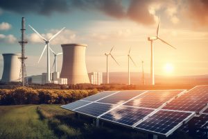 Sunset sky powers wind and solar energy generated by artificial intelligence